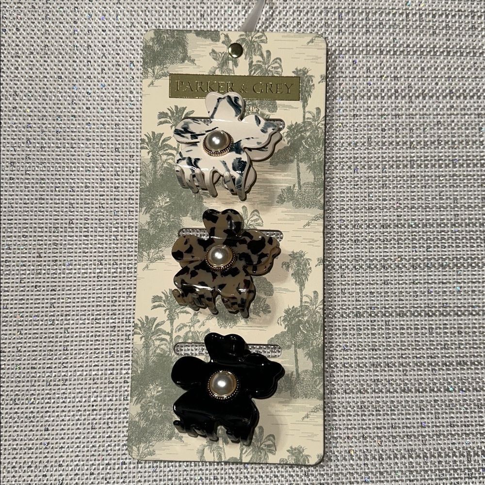 Parker & Grey 3 hair floral faux pearl shape ivory tan black animal claw clips